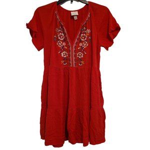 Knox Rose Womens Short Sleeve V Neck Tiered Embroidered Dress Size XS Red